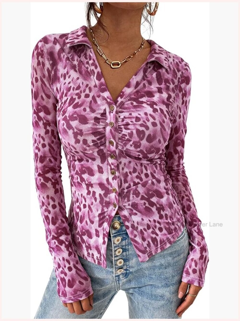 Women's V-Neck Long Sleeve Mesh Button Down Blouse Floral Boho Top